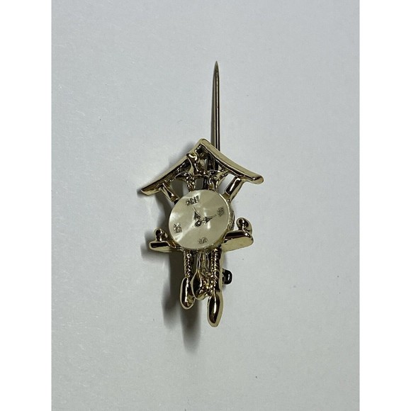 Vintage Gold Tone Cuckoo Clock Pearlized Face Teeny Brooch Pin - Picture 7 of 12